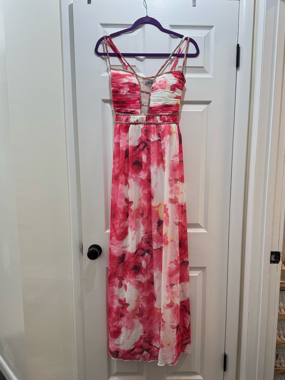 Pink Floral Maxi Dress with Beaded Straps